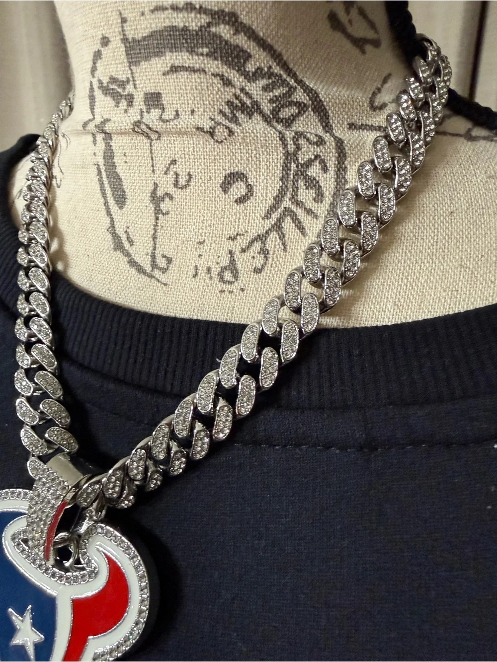 Silver Cuban Chain Necklace with Blue and Red Enamel Pendant